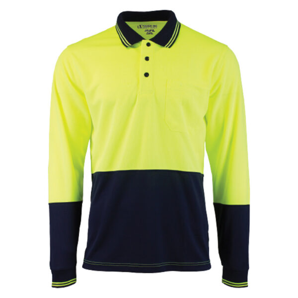 Tough Inc Hi-Vis Long Sleeve Polo Shirt, this light weight two tone long sleeve polo shirt will make sure you seen on your work site. It is a popular comfortable workwear item and common clothing uniform for people to stay safe on various work sites.
OVERVIEW
•	Hydrotech Moisture Control
•	Left chest Pocket with pen compartment
•	Easy care fabric
•	Contrast panel on front, back, long sleeve and collar 
•	Available in Orange/Navy and Yellow/Navy