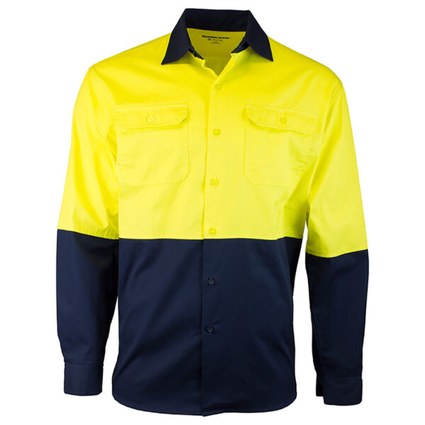 Tough Inc Hi-Vis Long Sleeve Drill Shirt, make sure you are seen and safe in this two tone hi-vis shirt. It is a popular workwear item and clothing uniform for people to stay safe at work on various work sites. 
OVERVIEW
•	Two chest pockets with button down flaps and pen compartment
•	Contrast panel on front, back, long sleeve and collar
•	MeshVents Underarms and Back Yoke 
•	Available in Orange/Navy and Yellow/Navy