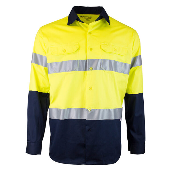 Tough Inc Hi-Vis Long Sleeve Drill Shirt with Reflective Tape, this two tone hi-vis shirt is a popular workwear item. This shirt design has reflective tape to help make sure you are seen and safe. 
OVERVIEW
•	Two chest pockets with button down flaps and pen compartment
•	Contrast panel on front, back, long sleeve and collar
•	MeshVents Underarms and Back Yoke 
•	Reflective Tape
•	Available in Orange/Navy and Yellow/Navy